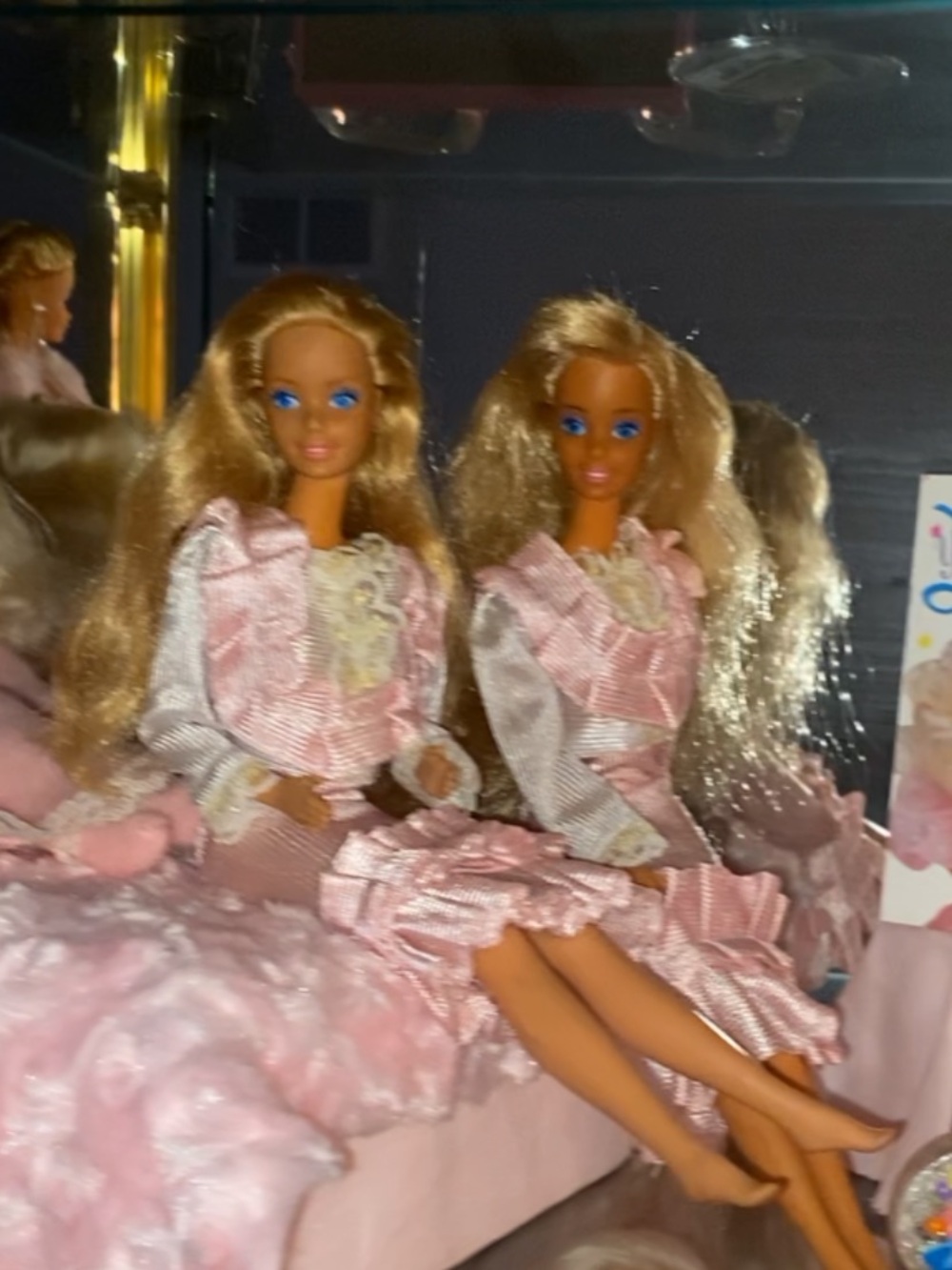 Early 80s Vintage Twin Barbies in Pink Ruffled Matching Dresses/ Duo